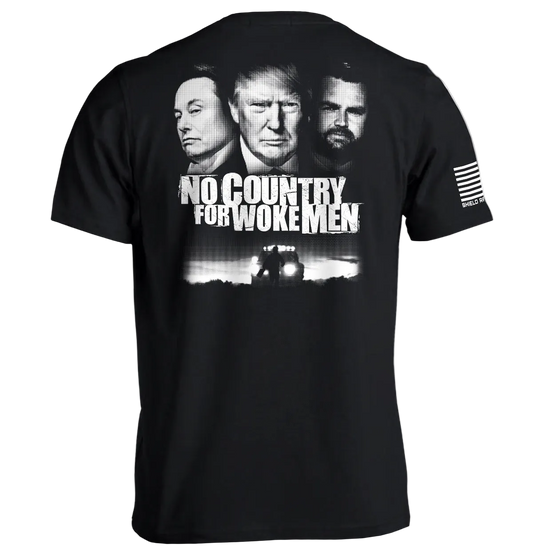 Black t-shirt with graphic design and text on a white background