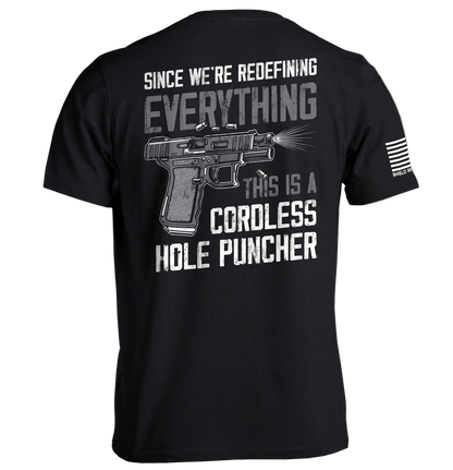 Black t-shirt with graphic design and text on a white background