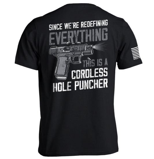 Black t-shirt with graphic design and text on a white background