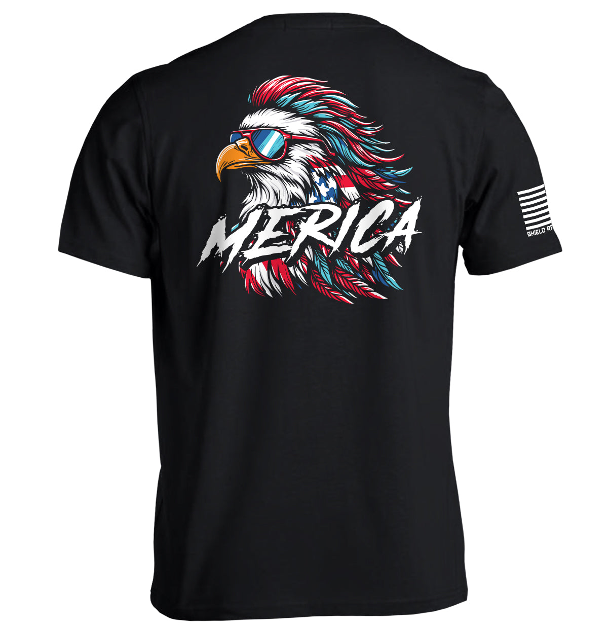 Merica Mullet Eagle Shirt featuring a graphic of an eagle with a mullet and sunglasses, embodying humor and patriotism on a black tee.
