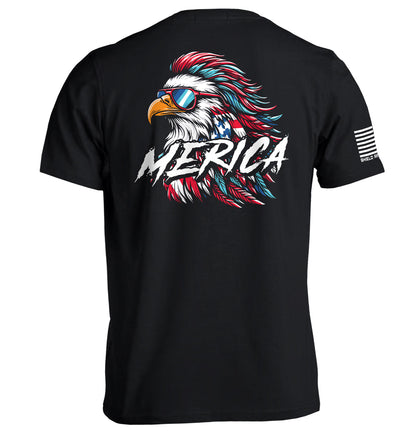 Merica Mullet Eagle Shirt featuring a graphic of an eagle with a mullet and sunglasses, embodying humor and patriotism on a black tee.