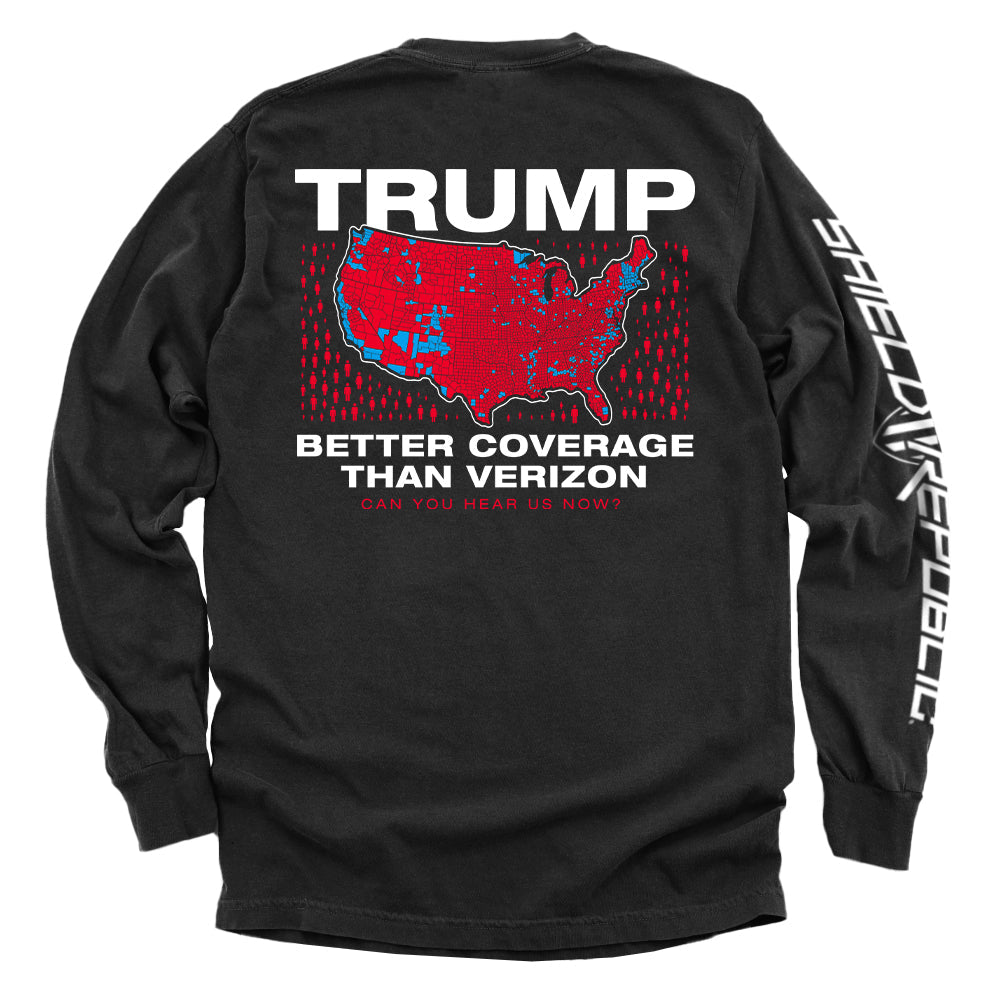 Trump Better Coverage Than Verizon T-Shirt featuring humorous political statement and map, long sleeve, black cotton.