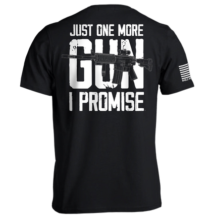 Black t-shirt with white text and graphic of a gun on a white background