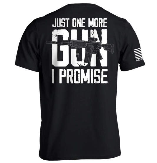 Black t-shirt with white text and graphic of a gun on a white background