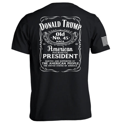 Donald Trump Old No. 45 Label T-Shirt with vintage design honoring the 45th President, patriotic graphic tee.