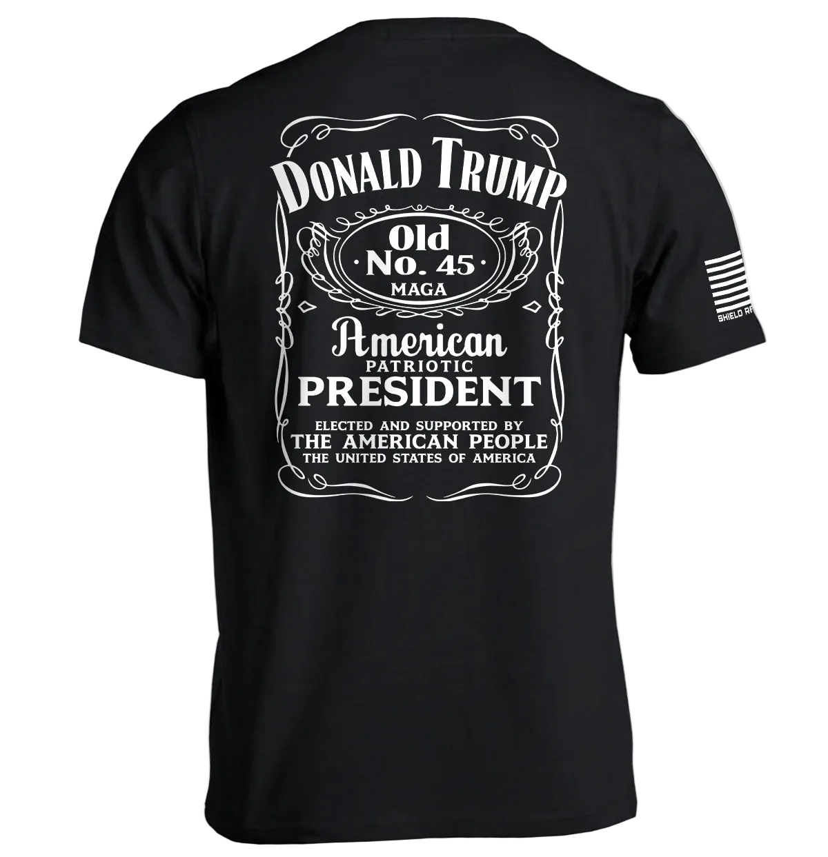 Donald Trump Old No. 45 Label T-Shirt with vintage-inspired patriotic graphic design and bold typography.