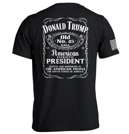 Donald Trump Old No. 45 Label T-Shirt with vintage-inspired patriotic graphic design and bold typography.