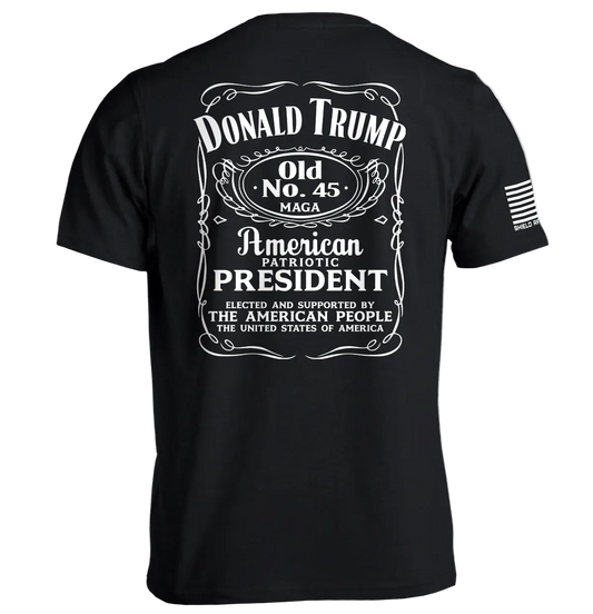 Donald Trump Old No. 45 Label T-Shirt with vintage-inspired patriotic graphic design and bold typography.