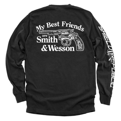 Black hoodie with 'my best friends are smith and wesson' text and gun graphic, perfect for 2A supporters and casual wear.