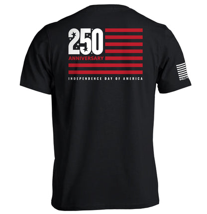 Back view of America 250 Years Anniversary Flag Shirt with modern flag and 250 Anniversary text celebrating Independence Day.