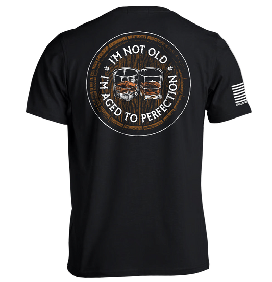Black t-shirt with graphic design and text on the back, displayed against a white background.
