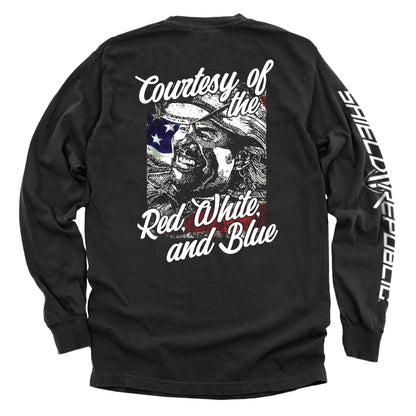 Black "Courtesy Of The Red White And Blue T-Shirt" featuring vintage patriotic graphic with distressed style.