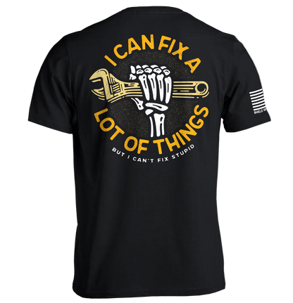 Black t-shirt with yellow and white graphic and text on a white background