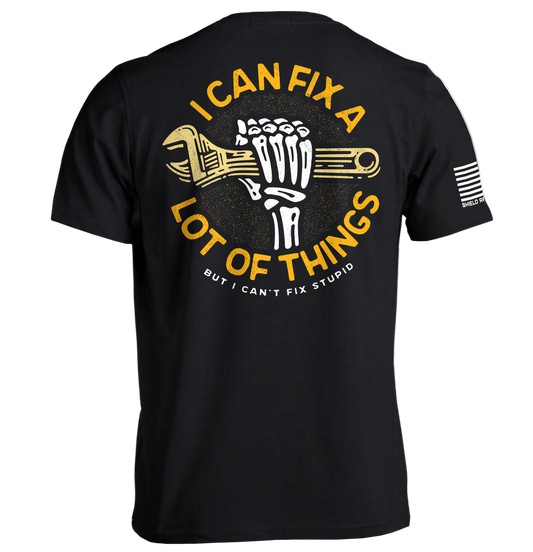Black t-shirt with yellow and white graphic and text on a white background