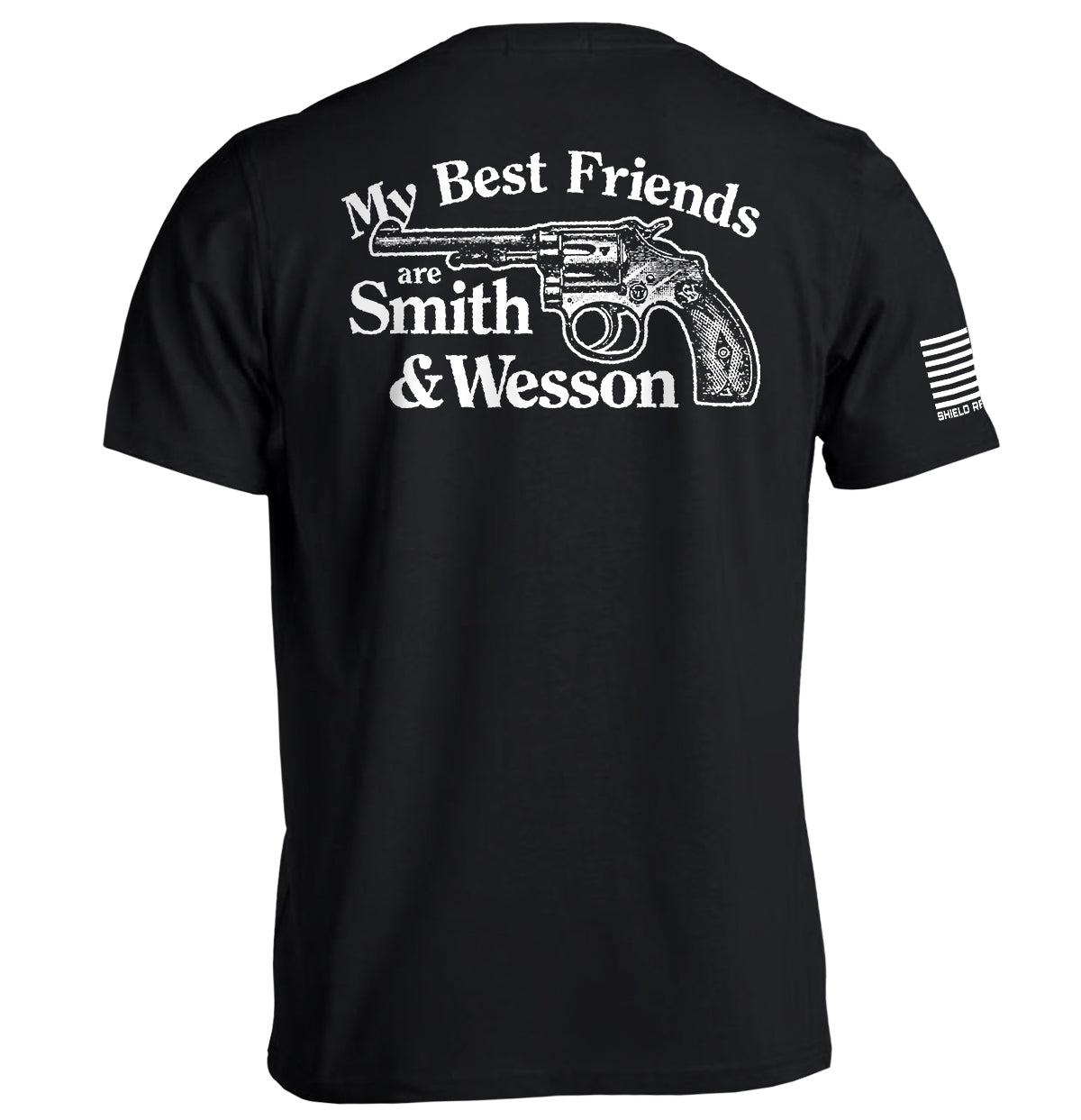 Back of "My Best Friends Are Smith And Wesson Hoodie" featuring gun graphic and humorous 2A message promoting independence and freedom.