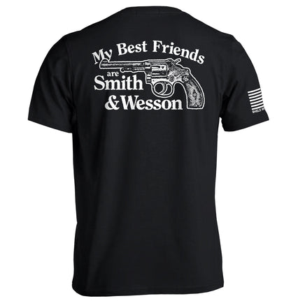 Back of "My Best Friends Are Smith And Wesson Hoodie" featuring gun graphic and humorous 2A message promoting independence and freedom.