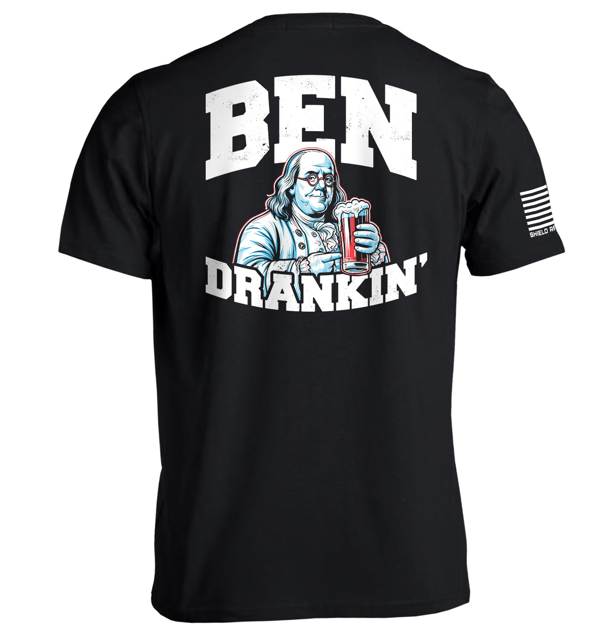 Ben Drankin T-Shirt with funny drinking graphic and American flag sleeve detail, perfect for casual settings.