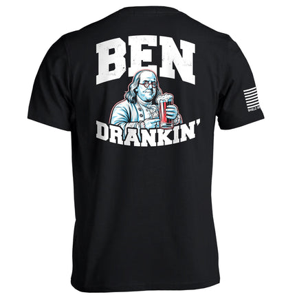 Ben Drankin T-Shirt with funny drinking graphic and American flag sleeve detail, perfect for casual settings.