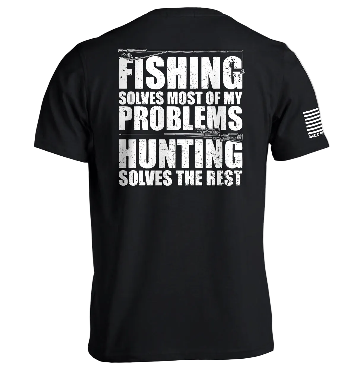 Fishing Solves Most Of My Problems Shirt with hunting imagery and distressed block lettering.