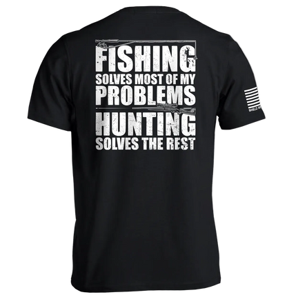 Fishing Solves Most Of My Problems Shirt with hunting imagery and distressed block lettering.