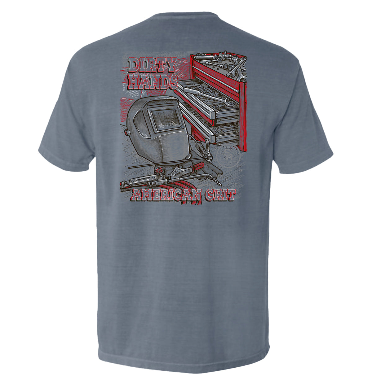 Back view of Dirty Hands American Grit Blue Collar Pocket Tee with detailed shop tools and equipment graphics.
