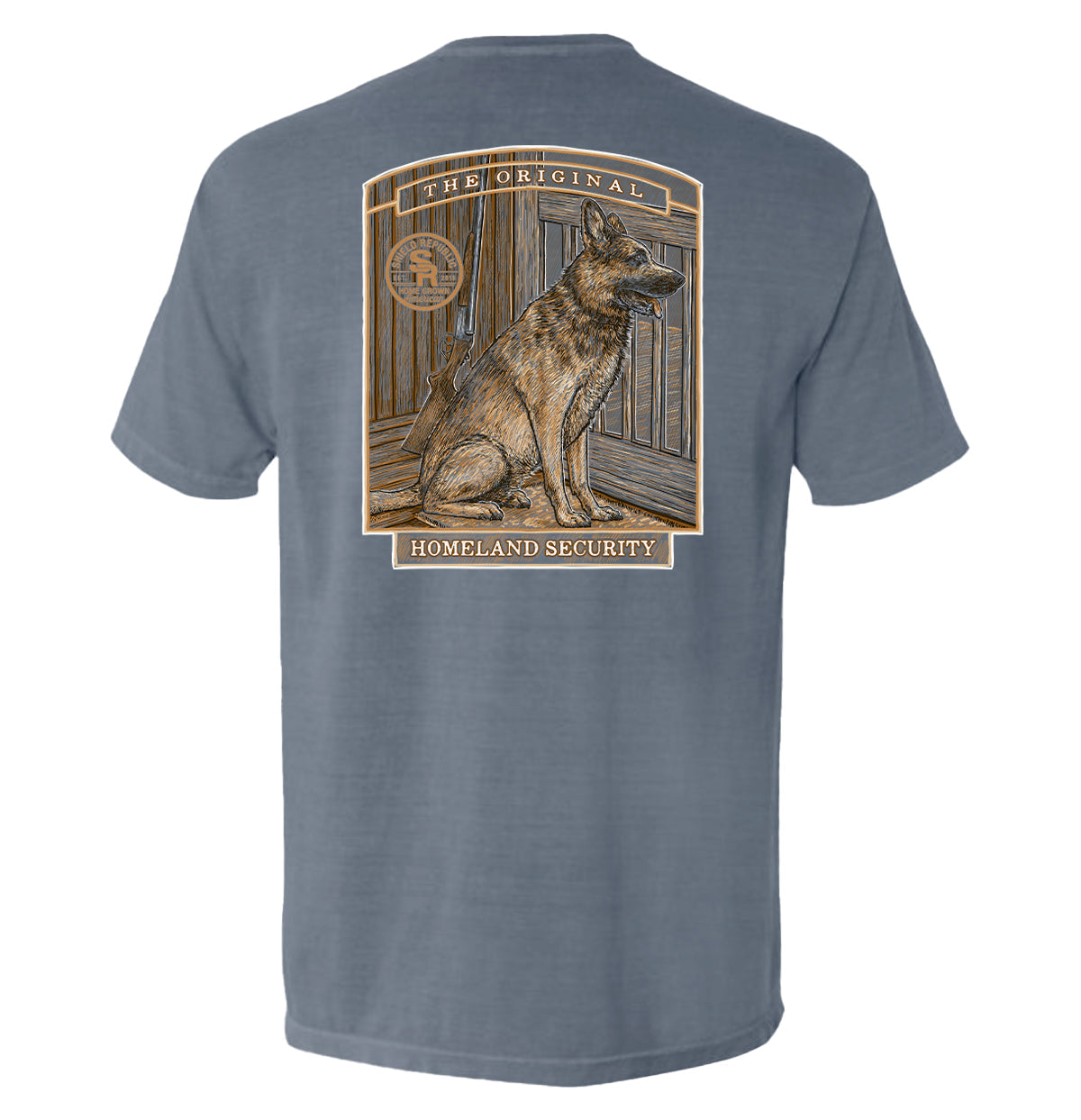 The Original Homeland Security Dog T-Shirt featuring vintage style illustration of a loyal working dog on a patriotic tee.