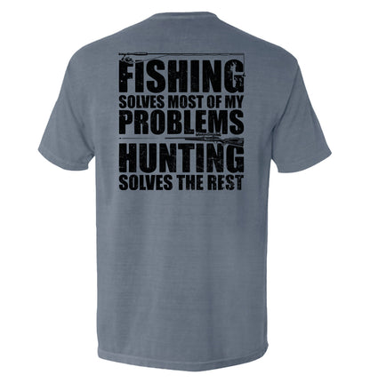 Fishing Solves Most Of My Problems Shirt with rugged block lettering and imagery for outdoor enthusiasts.