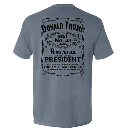 Donald Trump Old No. 45 Label T-Shirt with vintage label design paying tribute to the 45th President, showcasing patriotic symbolism.