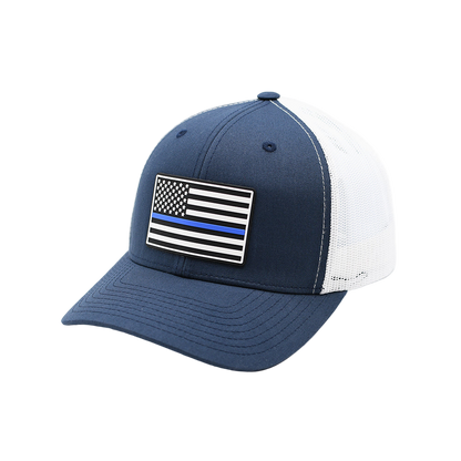 Blue and white cap with American flag patch on a white background