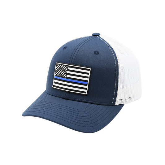 Blue and white cap with American flag patch on a white background