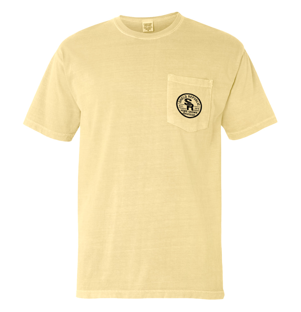 Rigged Fishing Pocket Tee in light yellow color with front pocket, ideal for anglers and outdoor adventures.