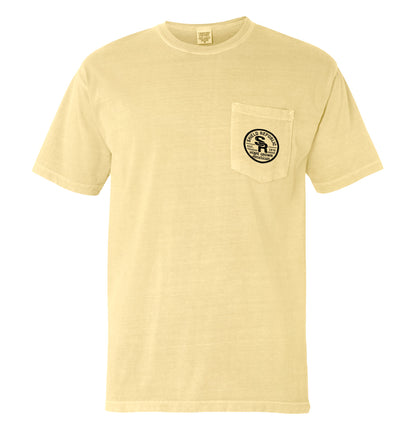 Rigged Fishing Pocket Tee in light yellow color with front pocket, ideal for anglers and outdoor adventures.