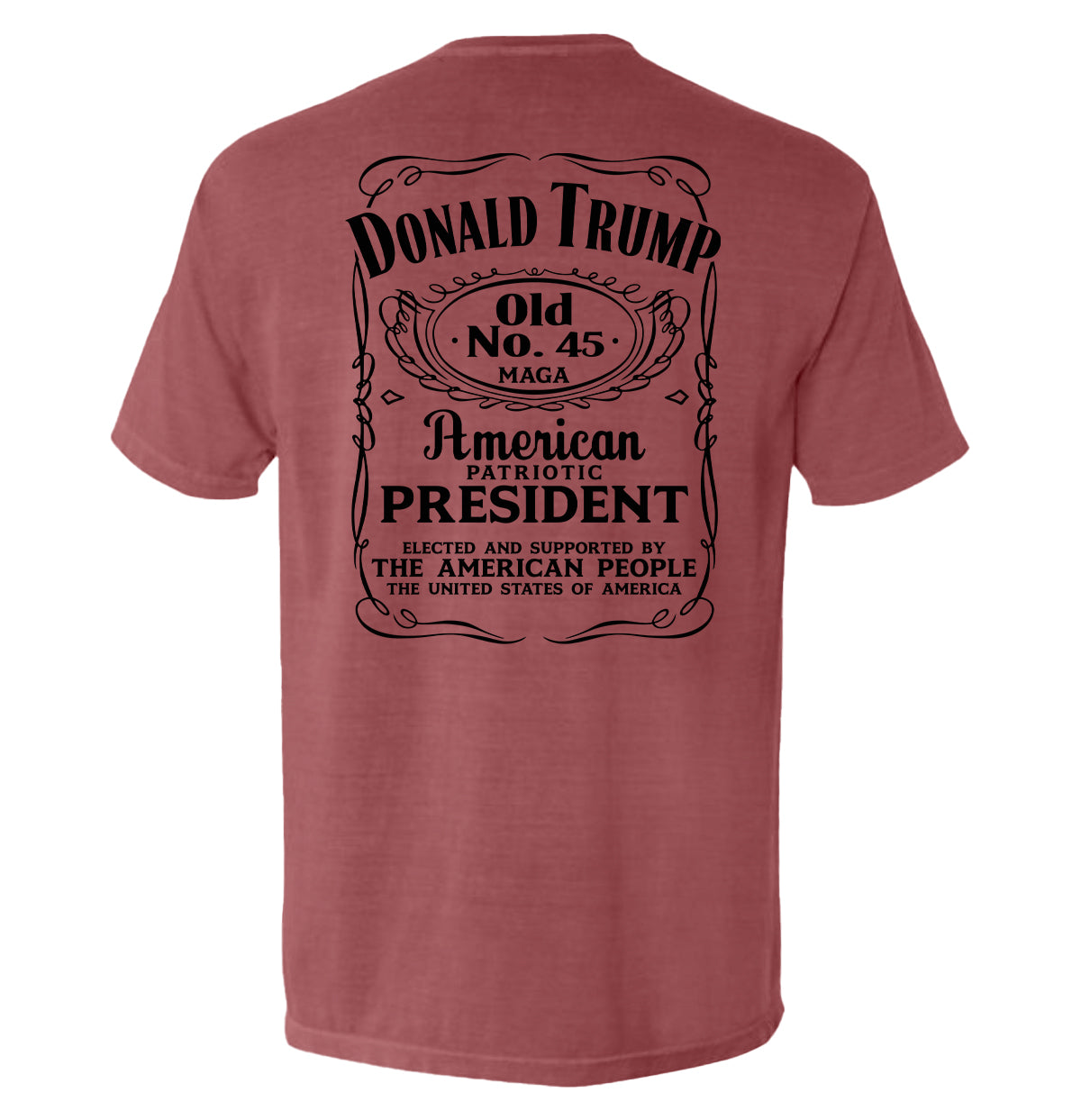 Donald Trump Old No. 45 Label T-Shirt with vintage-inspired graphics and patriotic design on a red background.
