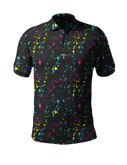 Black polo shirt with colorful splatter pattern on a white background