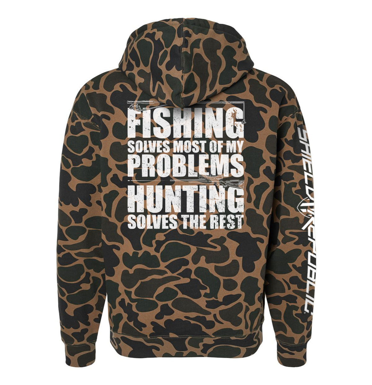 Camouflage hoodie with 'Fishing Solves Most Of My Problems' print, featuring distressed block lettering and hunting imagery.
