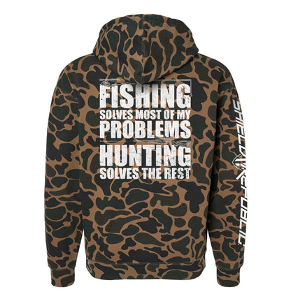 Camouflage hoodie with 'Fishing Solves Most Of My Problems' print, featuring distressed block lettering and hunting imagery.