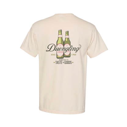Beige t-shirt with Duengling Lager graphic on a white background
