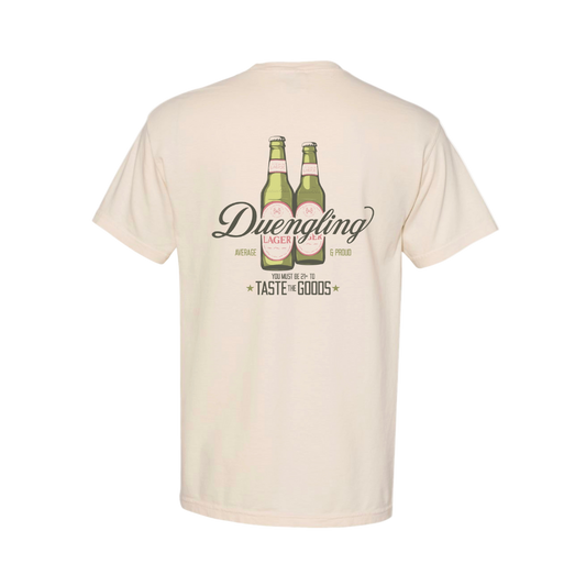Beige t-shirt with Duengling Lager graphic on a white background