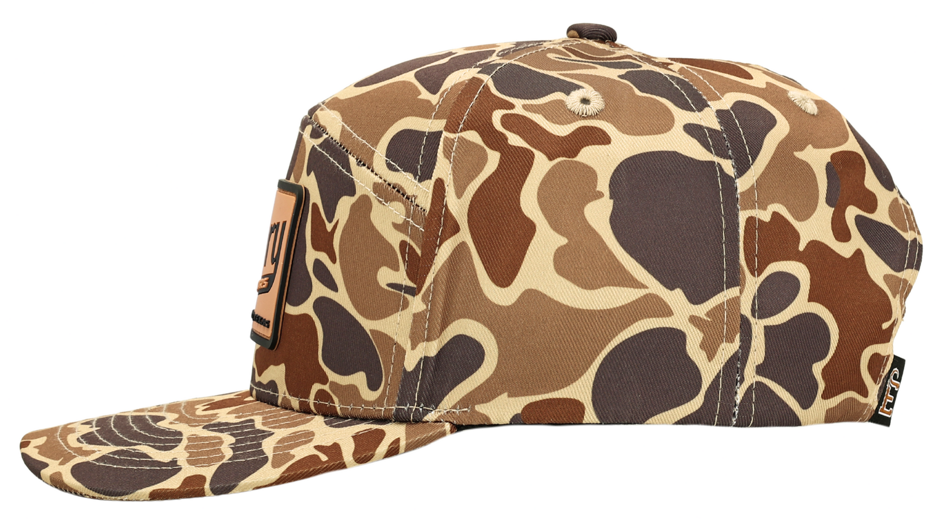 Duck Camo 6 Panel "Retro" Trucker hat with unique camo design, polyester fabric, and "Curl E" logo snapback tag.