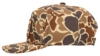 Duck Camo 6 Panel "Retro" Trucker hat with unique camo design, polyester fabric, and "Curl E" logo snapback tag.