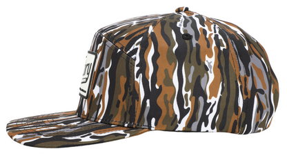 Retro Camo Trucker Hat featuring a unique 6-panel design with "Ranch" camo pattern, 100% polyester, and "Curl E" logo snapback tag.