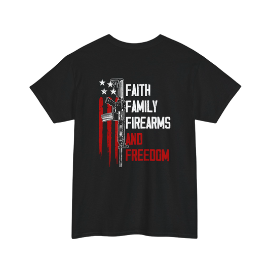 Faith Family Firearms Tee featuring patriotic design with text and graphic on black background.