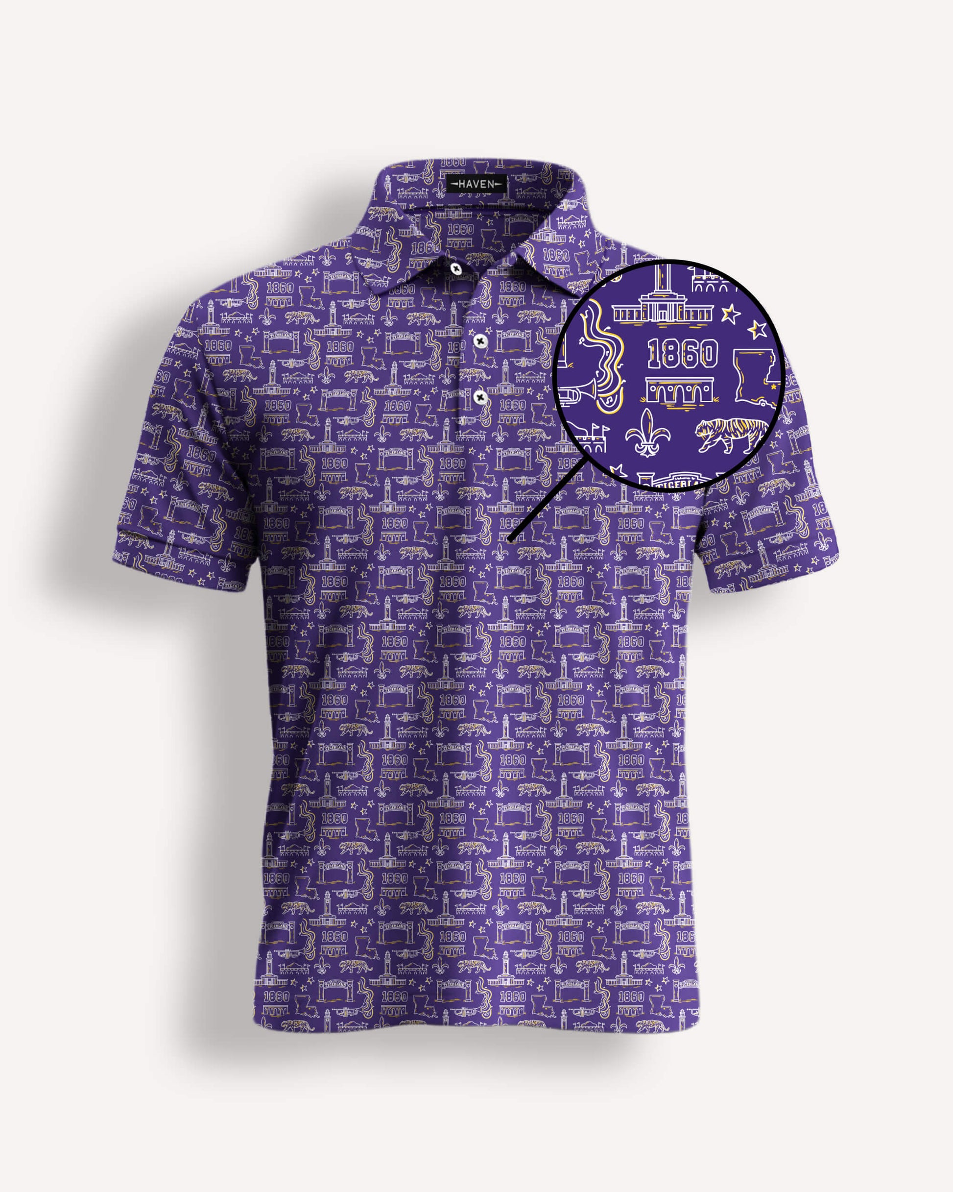 Baton Rouge football polo shirt by Haven Golf with bold design and "Play Neck" inspiration for game day style.