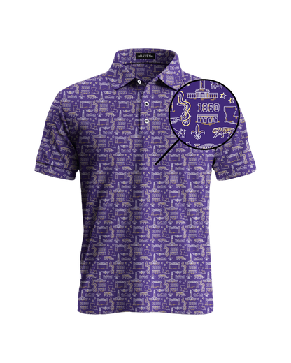 Baton Rouge football polo shirt by Haven Golf with bold design inspired by Louisiana football culture and Play Neck chant.