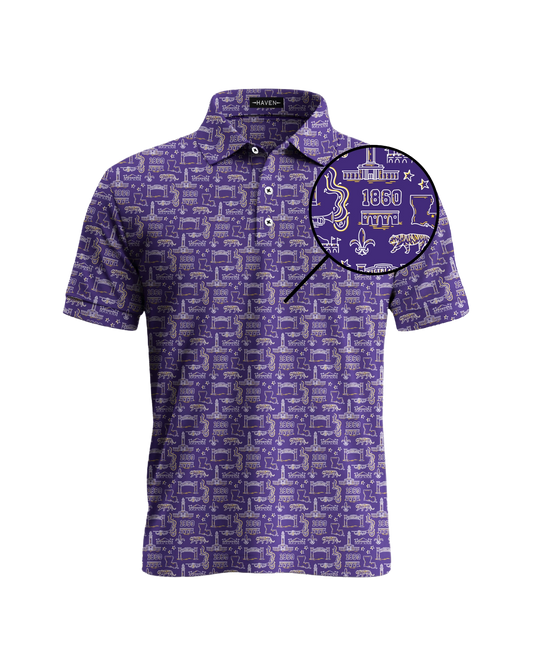 Baton Rouge football polo shirt by Haven Golf with bold design inspired by Louisiana football culture and Play Neck chant.