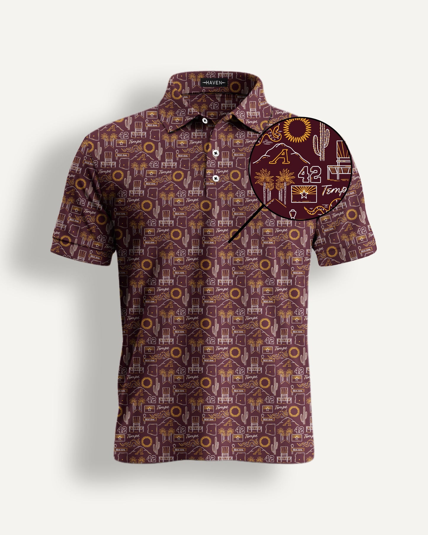 Tempe football polo shirt featuring bold all-over design inspired by Arizona culture and heat, offering premium comfort and style.