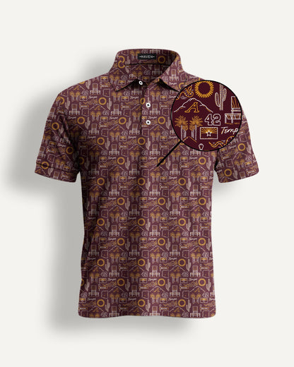 Tempe football polo shirt featuring bold all-over design inspired by Arizona culture and heat, offering premium comfort and style.