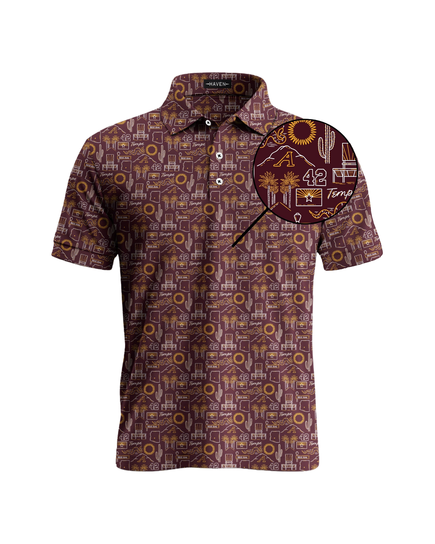 Tempe football polo shirt with bold Arizona-inspired design by Haven Golf, "The Inferno", showcasing local style and comfort.