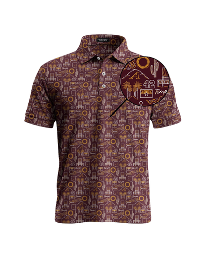 Tempe football polo shirt with bold Arizona-inspired design by Haven Golf, "The Inferno", showcasing local style and comfort.