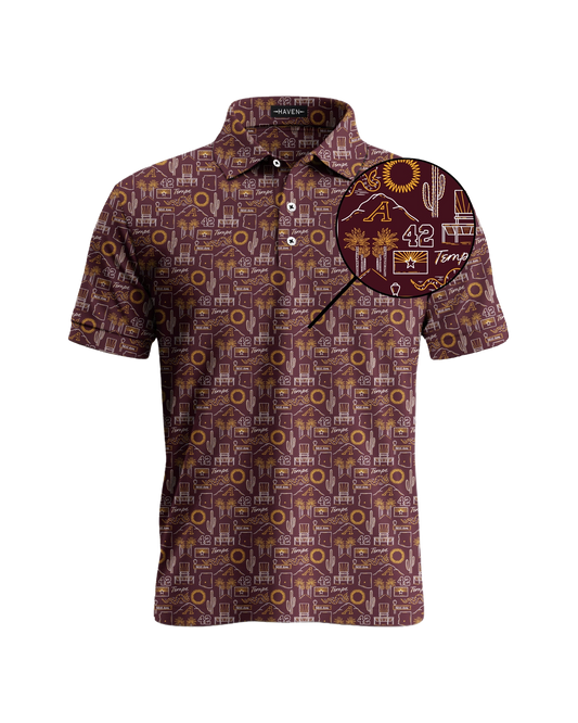 Tempe football polo shirt with bold Arizona-inspired design by Haven Golf, "The Inferno", showcasing local style and comfort.
